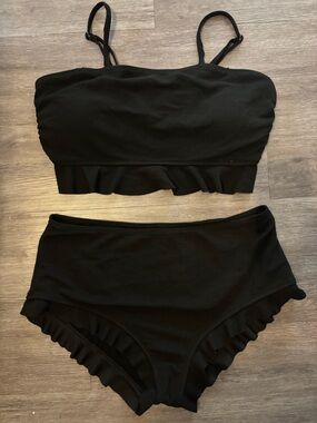 Black Ruffle Bandeau Bikini Set